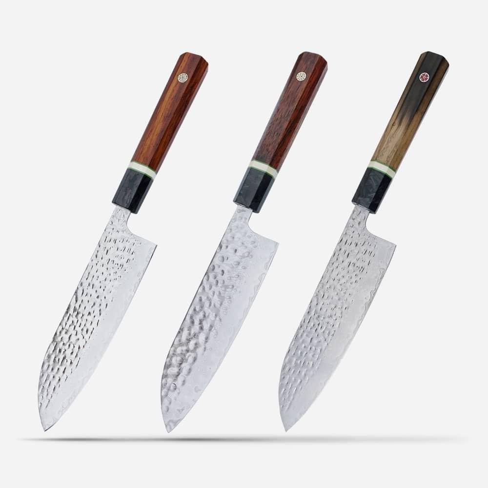 Hammered Damascus Santoku with Forged Carbon Fiber Handle